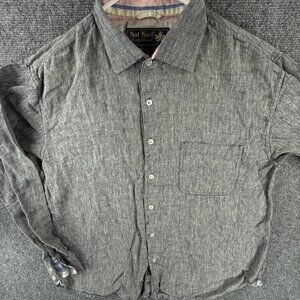 Nat Nast Linen Gray Long Sleeve Button Up Shirt Men Medium Woven Pocket Adult